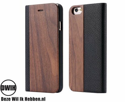 iPhone 11 Flip case &ndash; Walnoot en zwart Leer