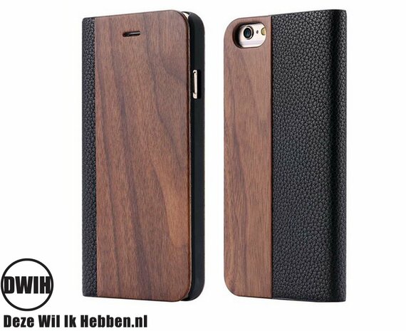 iPhone 11 Flip case – Walnoot en zwart Leer